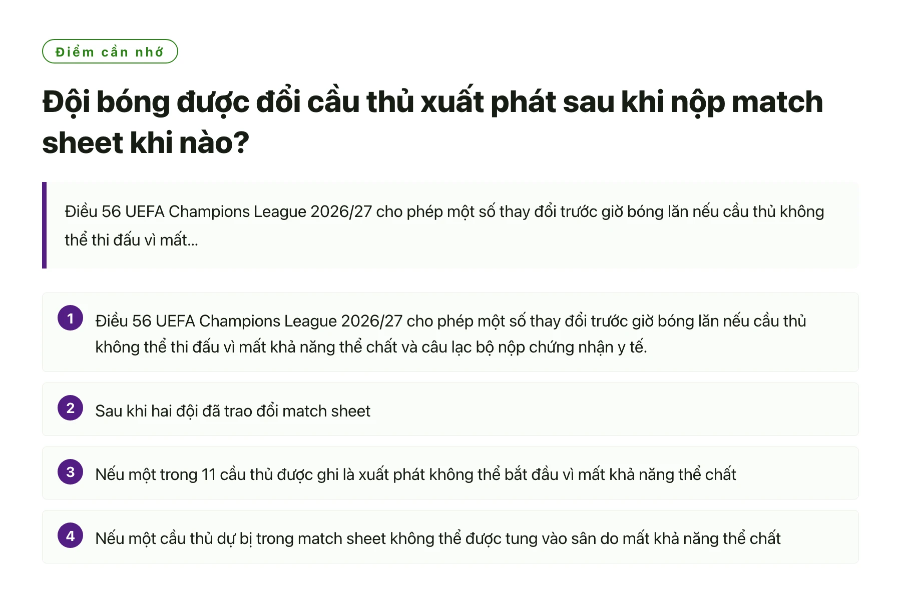 Đội bóng được đổi cầu thủ xuất phát sau khi nộp match sheet khi nào?——全文要点速览