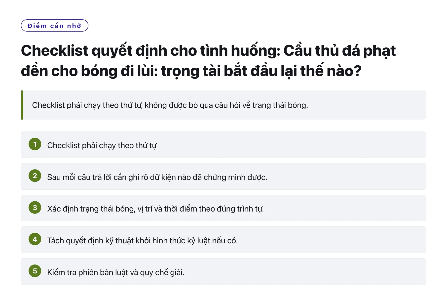 Checklist quyết định cho tình huống: Cầu thủ đá phạt đền cho bóng đi lùi: trọng tài bắt đầu lại thế nào?——全文要点速览